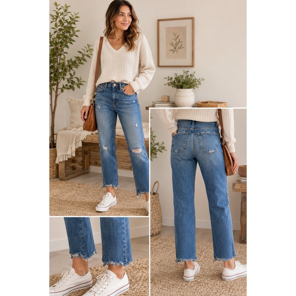 Zara Woman Premium Denim Distressed Straight Crop Jeans Raw Hem‎ Blue Size 2
